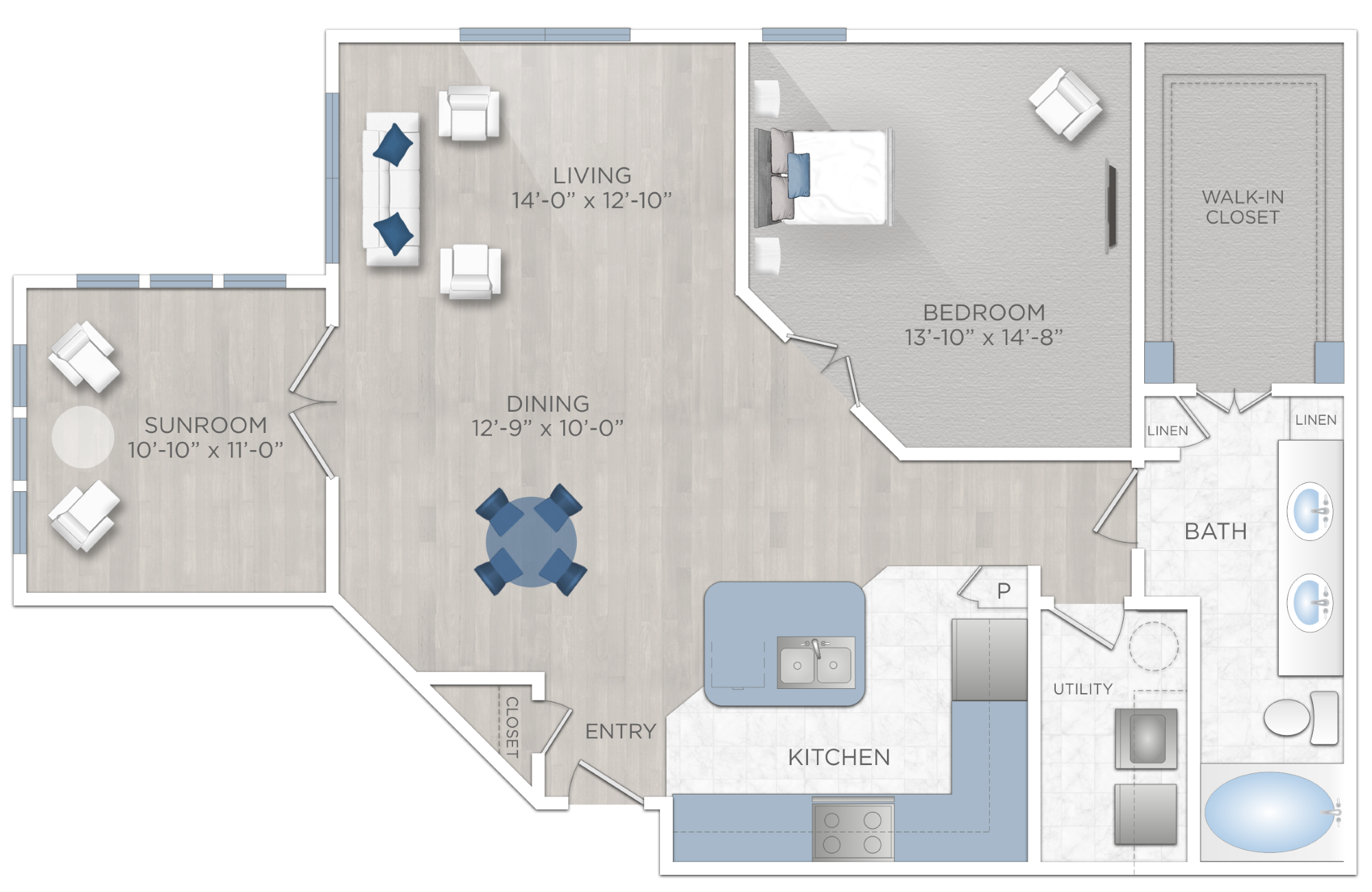 Floor plan for 1 bed, 1 bath, 1183 sqft